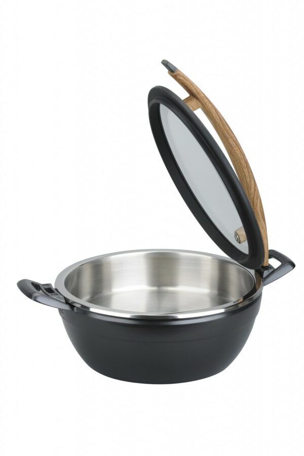 ARTISAN ROUND CASTING CHAFER WITH WOODEN HANDLE L449 X W330 X H209MM 4.5LT