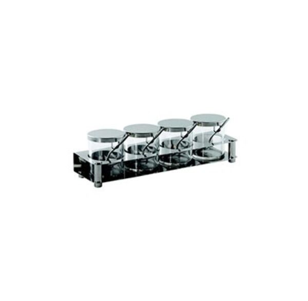 CONDIMENT SET S/STEEL INCLUDES: 4 JARS + SPOONS +TRAY 360 X 110 X 107MM 1.47 KG