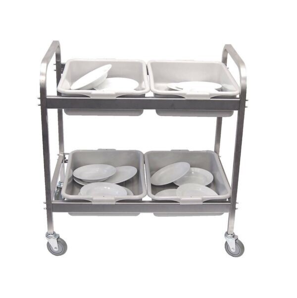 DISH CLEARING TROLLEY S/STEEL WITH 4 TOTE BOXES 870 X 545 X 930MM