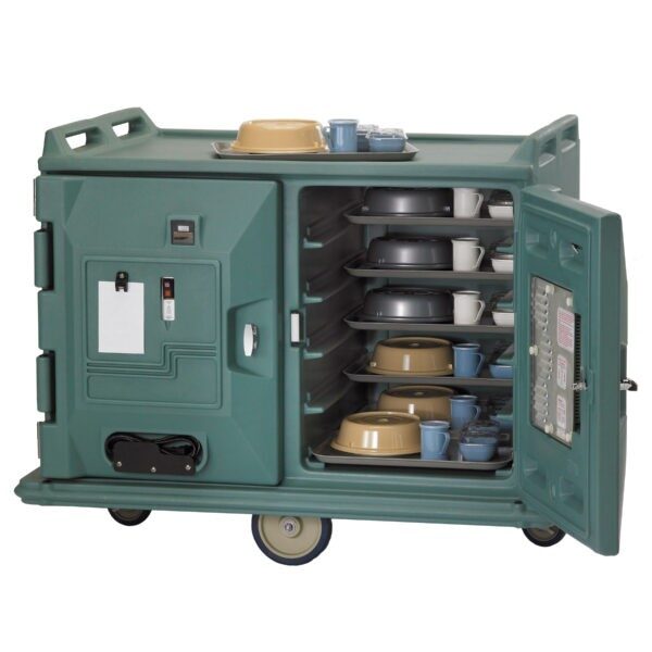 ELECTRICALLY HEATED 20 TRAY LOW PROFILE MEAL DELIVERY CART SLATE BLUE 220V – TWO CABINET