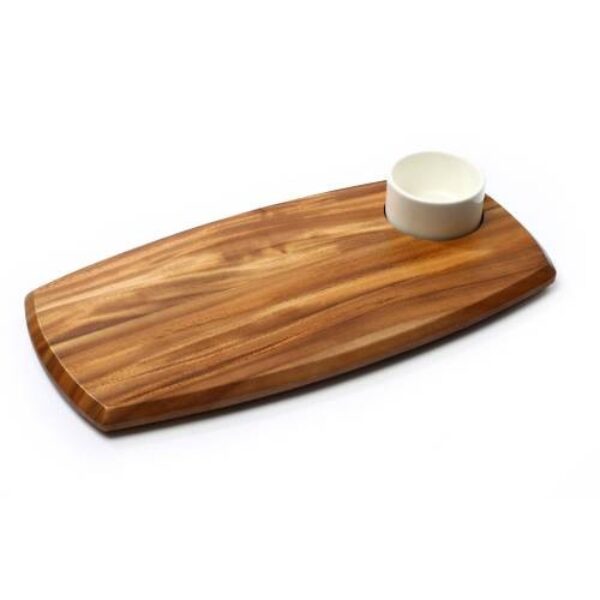 WOODEN SERVING BOARD WITH DIP BOWL (70ML BOWL) 225 X 362 X 20MM