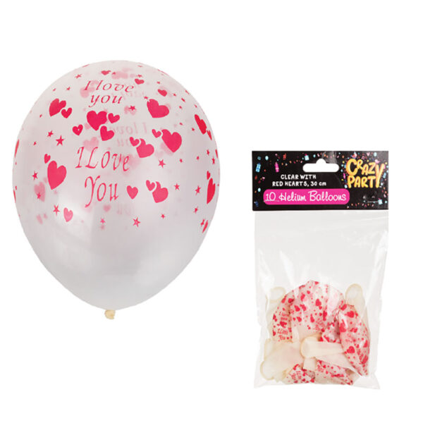 Clear Balloons With Red Hearts - 10-Piece