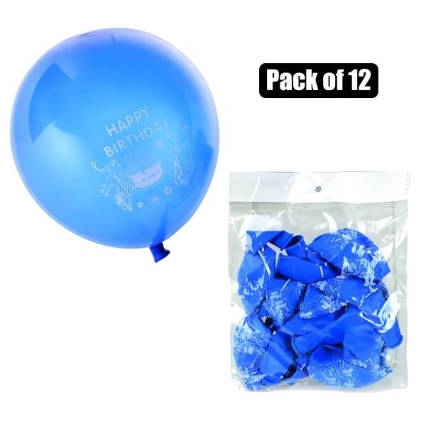 Bulk Pack 12 X Balloon Suitable For Helium, Printed - 1-Piece, Happy Birthday Print, Blue