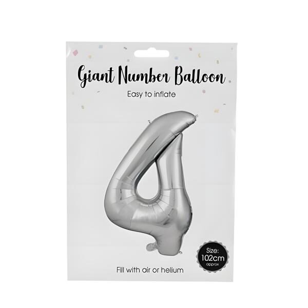 Silver Helium Balloon – Foil Number 4, 106cm