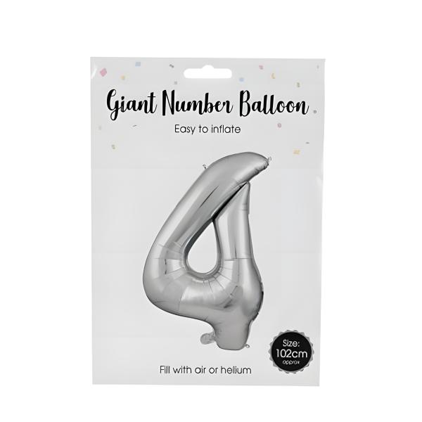Silver Helium Balloon - Foil Number 4, 106cm