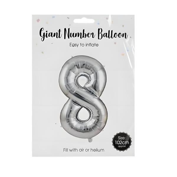 Silver Helium Balloon - Foil Number 8, 106cm