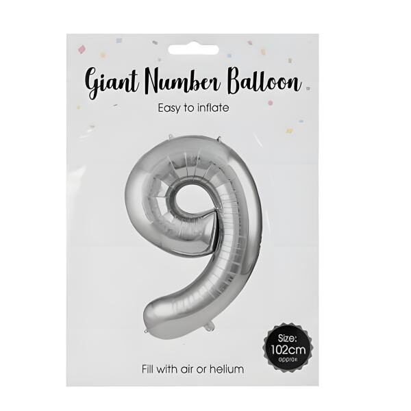 Silver Helium Balloon - Foil Number 9, 106cm