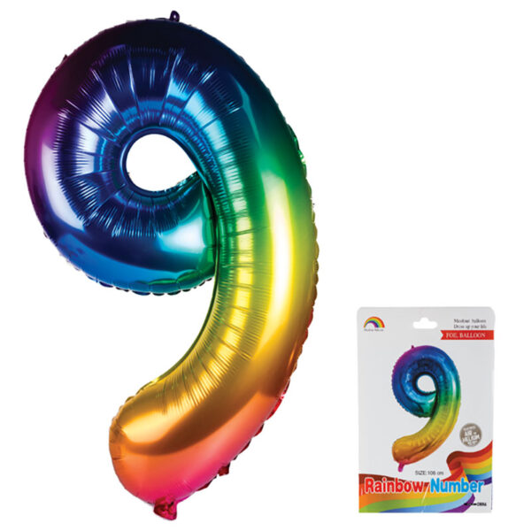Rainbow Helium Balloon - Foil Number 9, 106cm