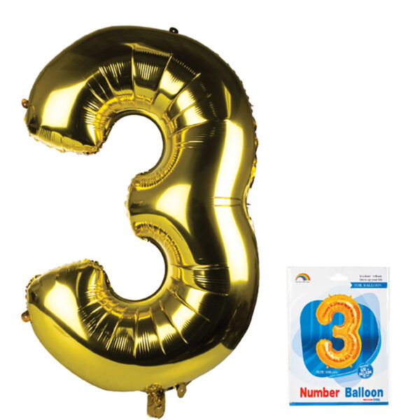 Gold Helium Balloon - Foil Number 3, 106cm