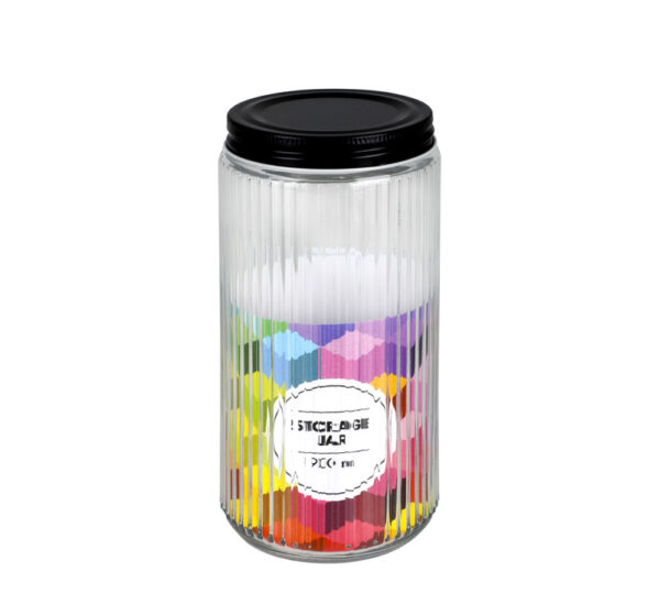 Storage-Jar Glass Ribbed With Black Lid 9X19cm