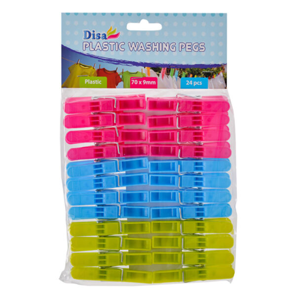 Plastic Clothes Pegs - Pack Of 24 Assorted Colours