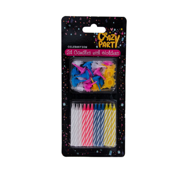 Birthday Candles & Holders - Box Of 24, Assorted Colors