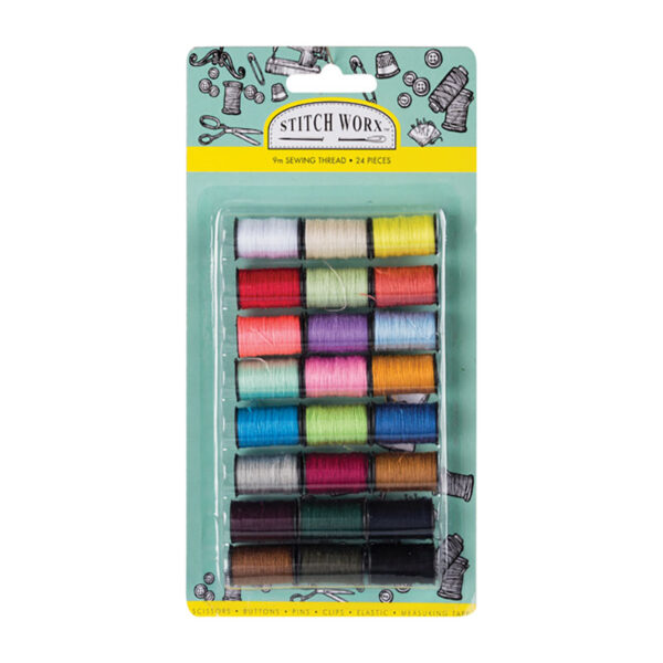 Polyester Sewing Thread, 9m Bobbins - Card Of 24, Assorted Colours