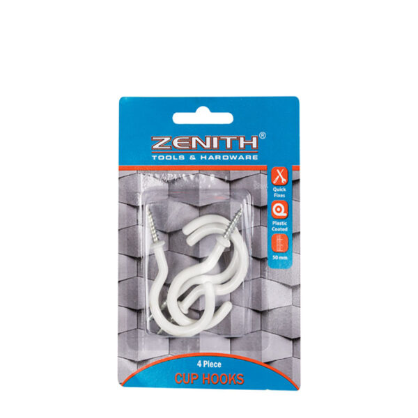 Cup Hooks White Plastic Coated - 50mm - 4 Piece