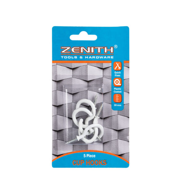 Cup Hooks White Plastic Coated - 30mm - 5 Piece