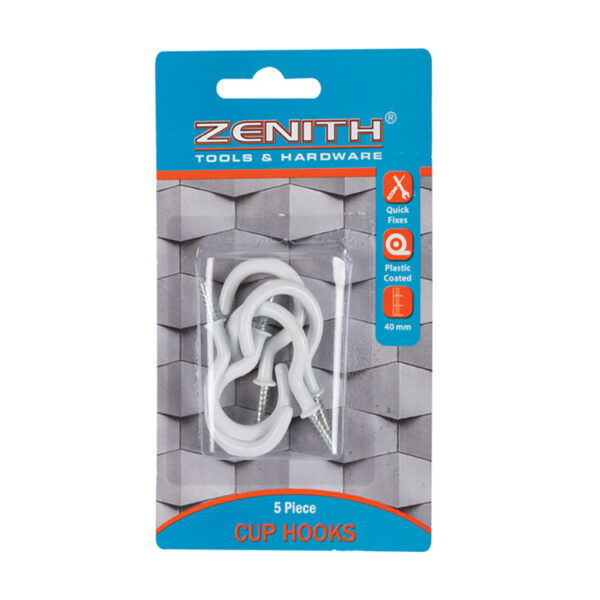 Cup Hooks White Plastic Coated - 40mm - 5 Piece