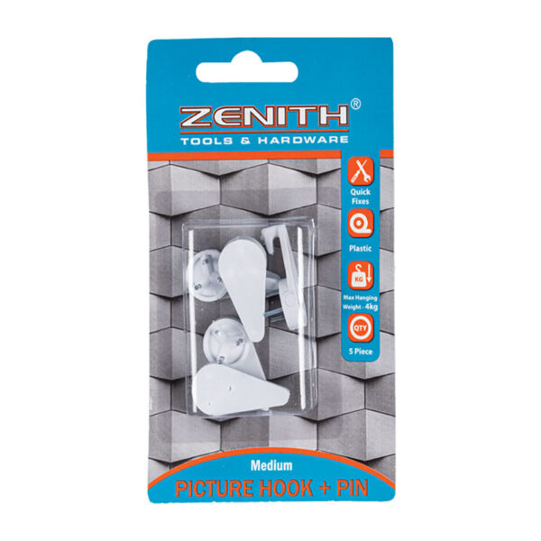 Picture Hook Pin White 5 Piece Med - 4kg