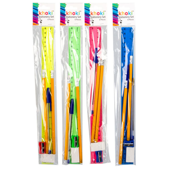 6 Piece Stationery Set - Pencils, Pen, Ruler, Eraser & Sharpener