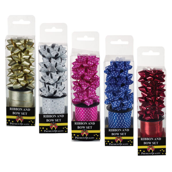 Gift Ribbon & Bows Set - 1 Roll Of Ribbon, 4 Bows