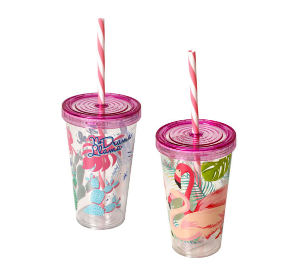 Tumbler Wstraw 550ml Lama/FlamingoAssorted