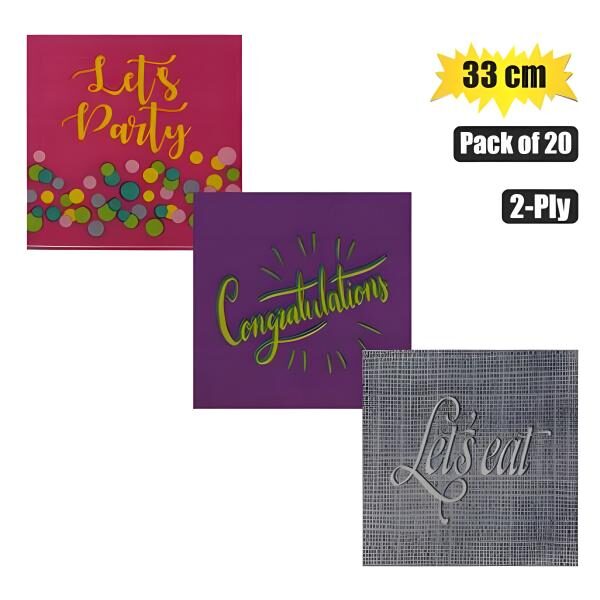 Serviettes With Words – Assorted, 33cm, Pack Of 20, 2-Ply