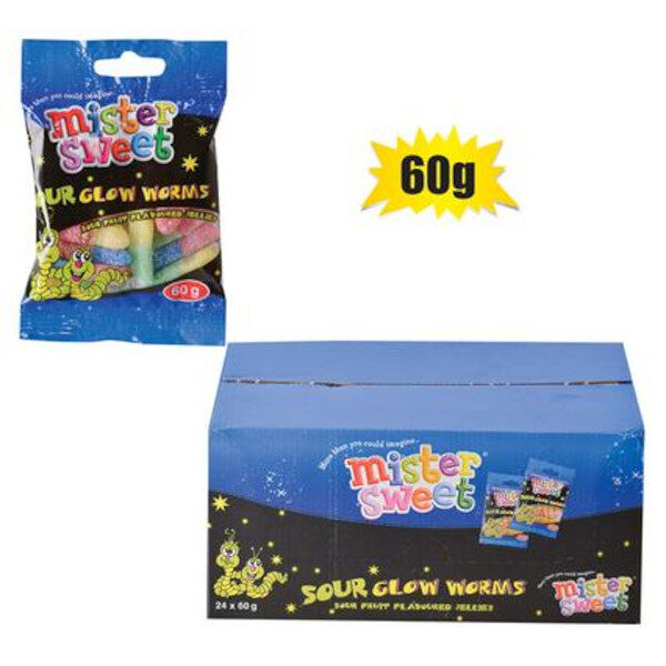 Mister Sweet Mini Sour Glow Worms – 60g Packet