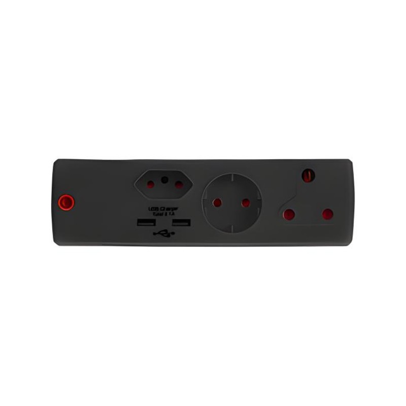 Euromate - Adaptor 3pin 1x16amp+1+Schuko+1x5+2USB Black