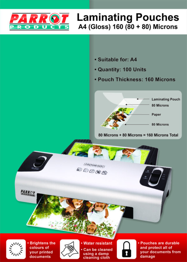 Laminating Pouches (A4 - Gloss - 220x310mm - 160 (80+80) Microns - Box 100)